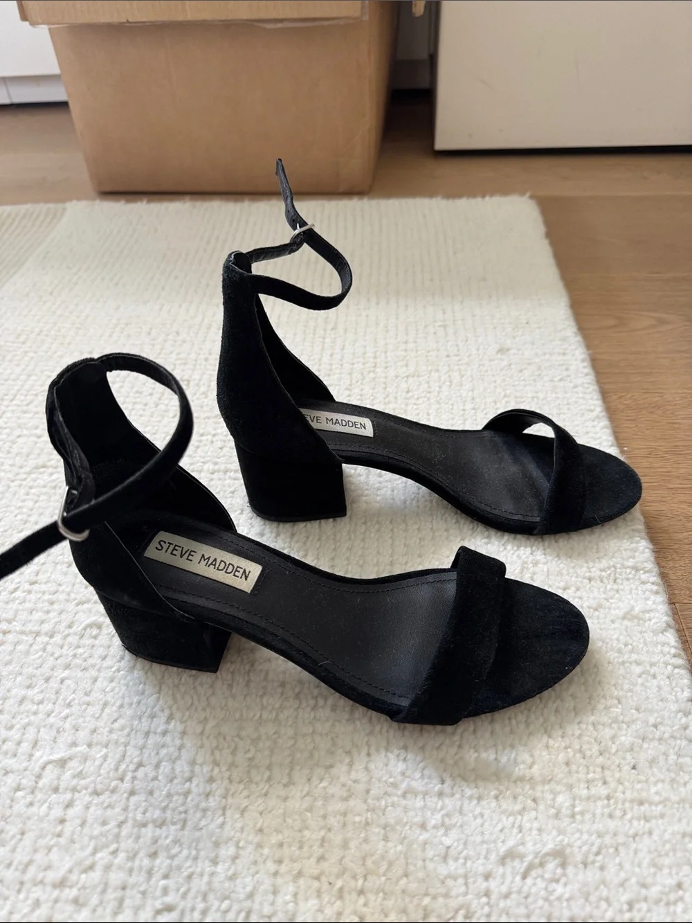 Steve Madden Black Suede Ankle Strap Block Heels